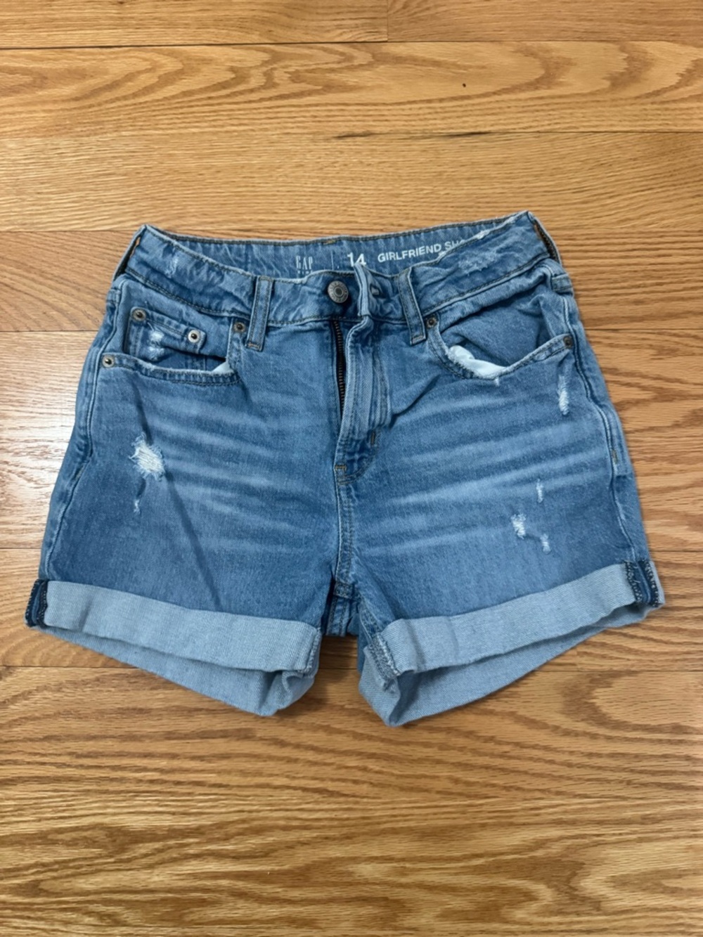 GAP kids Girlfriend Rolled Hem Distressed Jean Shorts - Blue